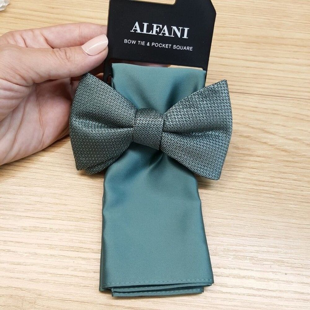 ALFANI Mens Bow Tie & Pocket Square Green Textured Satin Pre-Tied